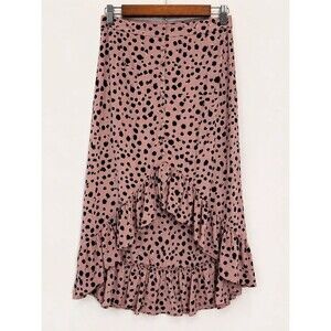 IVIVI Pink Spotted Ruffle Midi Skirt | Medium | High-Low Hem